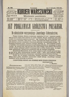 Karta pocztowa z przedrukiem artykułu Akt proklamacji Królestwa Polskiego z gazety Kurjer Warszawski. Wydanie poranne, Nr 308