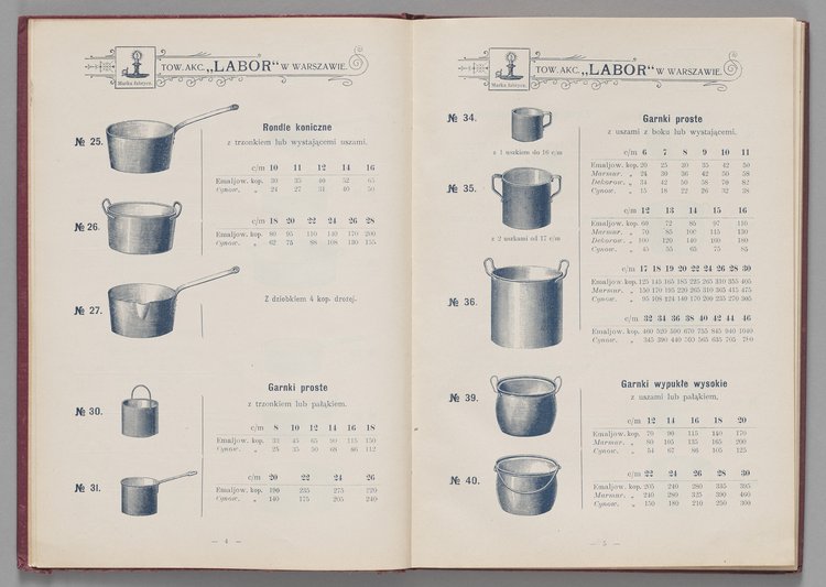 Katalog i cennik wyrobów kuchennych Towarzystwa Akcyjnego Emaljerni i Warsztatów w Warszawie "Labor"