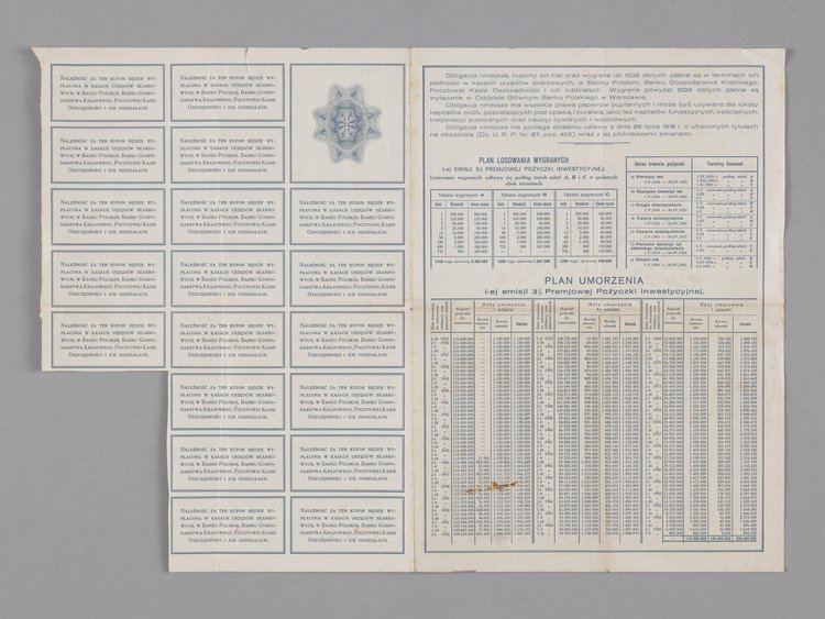 Obligacja 3% Premiowej Pożyczki Inwestycyjnej wartości imiennej sto złotych w złocie wypuszczona w 1935 r.