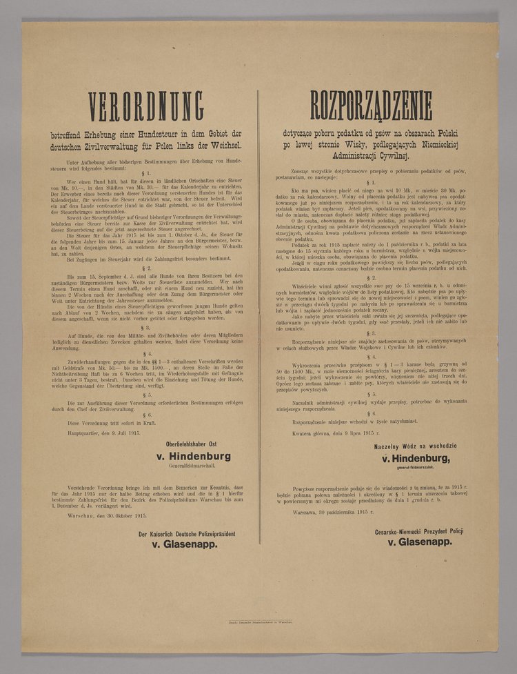 Verordnung / Rozporządzenie o poborze podatku od psów