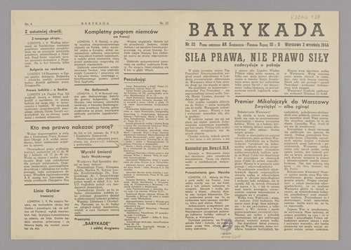 Gazeta Barykada. Pismo codzienne AK Śródmieście-Południowe. Regiony III i II", Nr 22 z 2 września 1944 r.