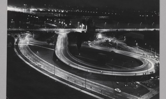 Fragment of Poniatowski Bridge and transport hub at night