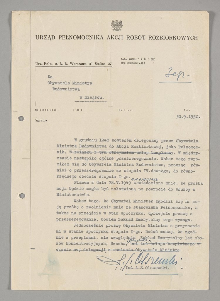 Pismo wysłane przez Antoniego Olszewskiego do Ministra Budownictwa z prośbą o przeszeregowanie go w związku z jego odejściem z urzędu i przejścia w stan spoczynku
