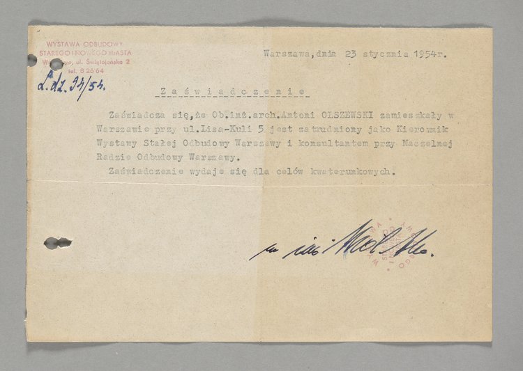 Zaświadczenie wystawione Antoniemu Olszewskiemu