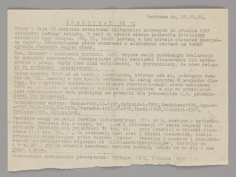 Komunikat nr 12 (29 marca 1983 r.) przygotowany przez TKZ NSZZ "Solidarność", WSK - Okęcie