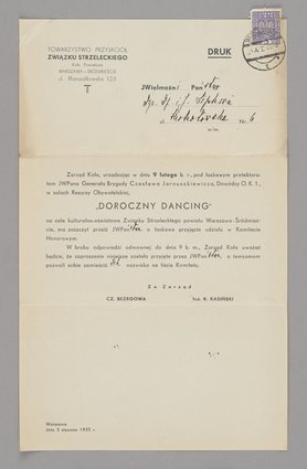 Zaproszenie do wzięcia udziału w Komitecie Honorowym Dorocznego Dancingu organizowanego przez Towarzystwo Przyjaciół Związku Strzeleckiego
