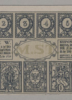Bon zaopatrzeniowy z okresu I Wojny Światowej wydany przez Magistrat Miasta stołecznego Warszawy na chleb, cukier i ziemniaki