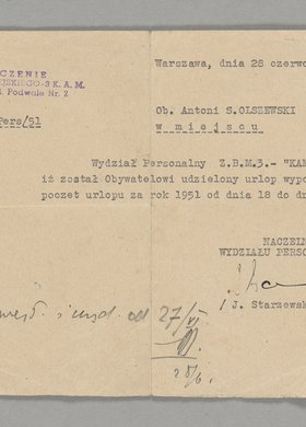 Pismo skierowane do Antoniego Olszewskiego z informacją o udzieleniu mu urlopu wypoczynkowego