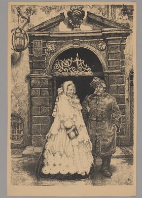 Para w tradycyjnych strojach na tle staromiejskiego portalu