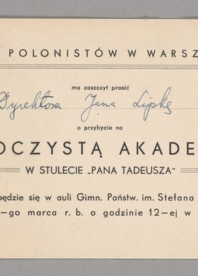 Zaproszenie na uroczystą Akademię w stulecie "Pana Tadeusza"
