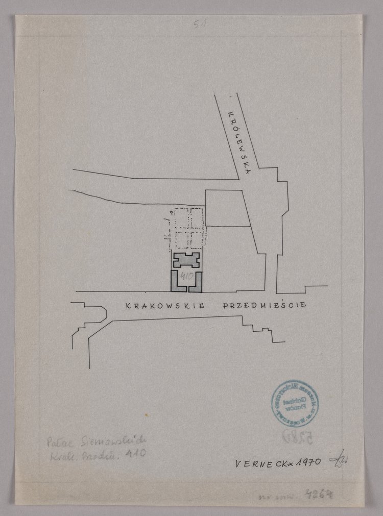 Pałac Czapskich, Krakowskie Przedmieście 5, plan sytuacyjny, przerys planu z 1732 r.