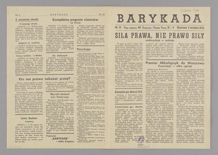 Gazeta Barykada. Pismo codzienne AK Śródmieście-Południowe. Regiony III i II", Nr 22 z 2 września 1944 r.