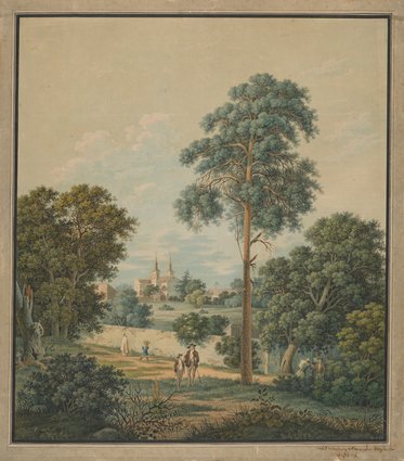 Widok z Lasku Bielańskiego na klasztor Kamedułów na Bielanach