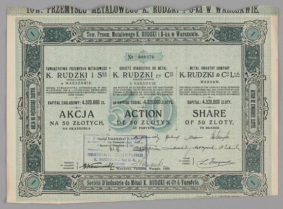 Akcja na okaziciela Towarzystwa Przemysłu Metalowego K. Rudzki i Spółka. Spółka akcyjna w Warszawie