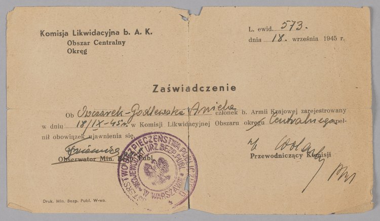 Zaświadczenie dla Anieli Owczarek-Godlewskiej