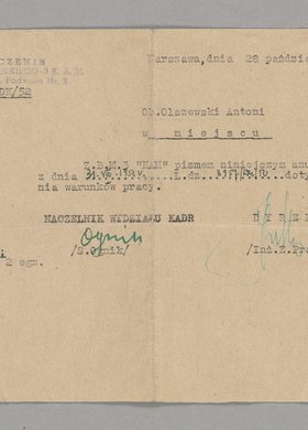 Pismo skierowane do Antoniego Olszewskiego z informacją o anulowaniu mu wymówienia warunków pracy