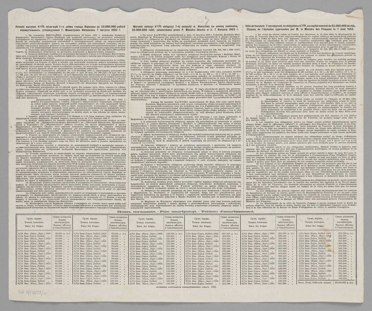 Obligacja 7-ej pożyczki Miasta Warszawy na rubli sto z kuponami