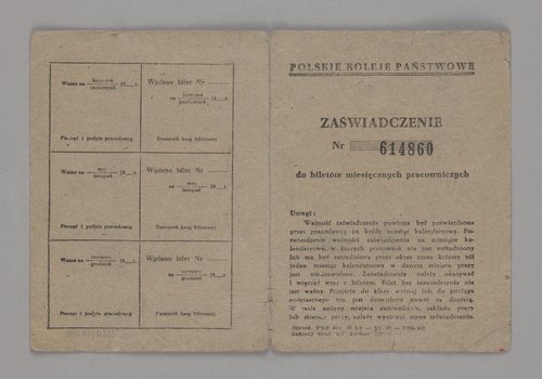 Zaświadczenie wystawione Danucie Fijałkowskiej, potwierdzające przysługujące jej ulgowe przejazdy pociągami na trasie Świder - Warszawa
