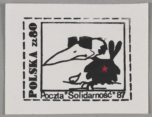 Znaczek okolicznościowy o wartości 80 zł. z wizerunkiem wrony z twarzą gen. Wojciecha Jaruzelskiego z czerwoną gwiazdą