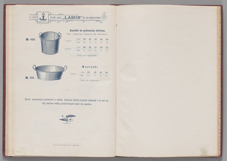 Katalog i cennik wyrobów kuchennych Towarzystwa Akcyjnego Emaljerni i Warsztatów w Warszawie "Labor"