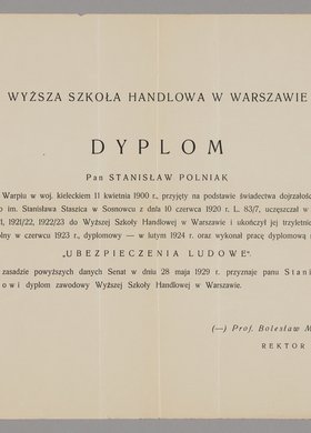 Kopia dyplomu Wyższej Szkoły Handlowej w Warszawie sporządzona dla Stanisława Polniaka