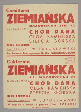 Reklama nowego repertuaru muzycznego Cukierni Ziemiańska w Warszawie