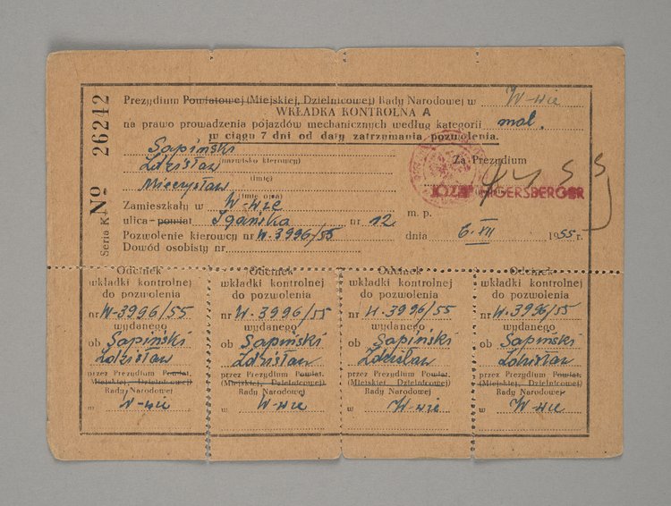 Wkładka kontrolna A na prowadzenie pojazdów mechanicznych według kategorii motor wydana Zdzisławowi Sapińskiemu