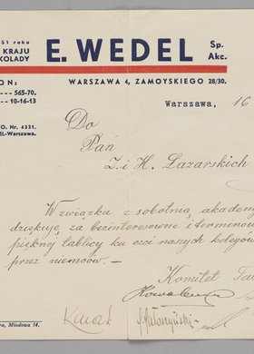 Pismo wystosowane do Z. i H. Łazarskich