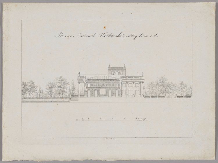 Przecięcie Łazienek Królewskich podług linie c.d. (Przekrój Pałacu na Wyspie)