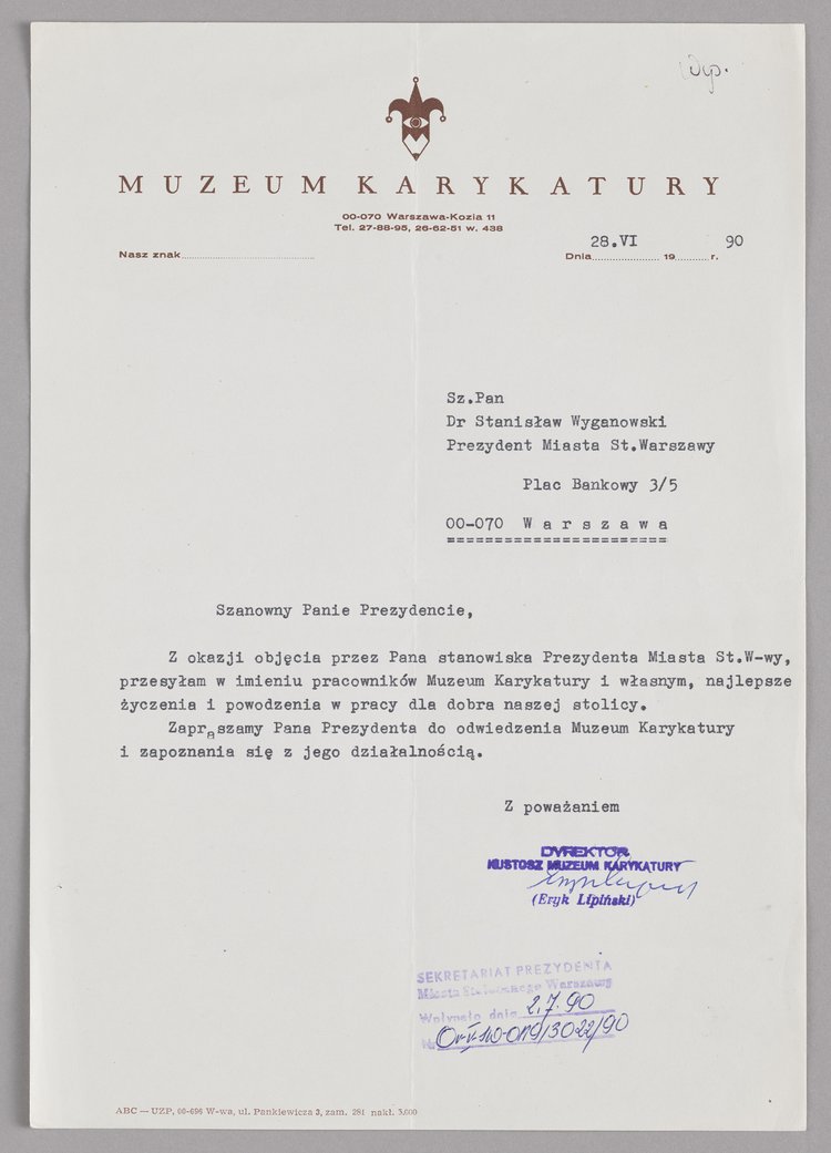 Pismo kustosza Eryka Lipińskiego wysłane do Stanisława Wyganowskiego