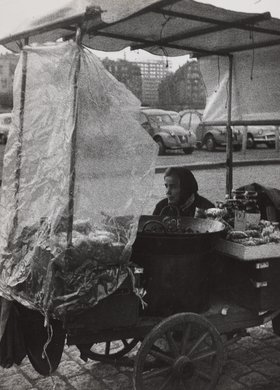 Mobile street vendor stand with roasted chestnuts