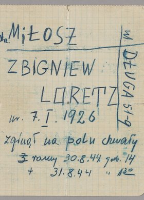 Kartka dot. miejsca i daty śmierci strzelca Miłosza-Zbigniewa Loretza