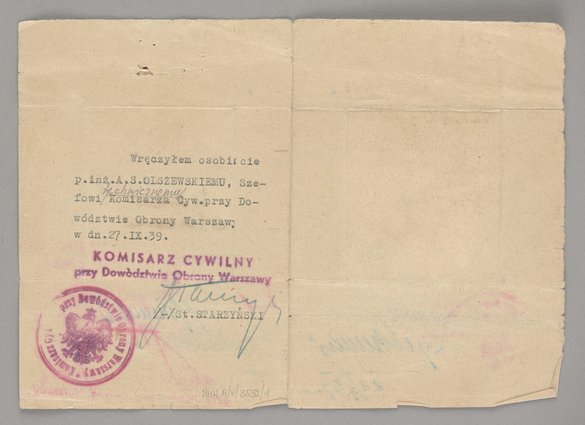 Legitymacja wydana inżynierowi Antoniemu Olszewskiemu