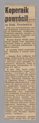 Wycinek z gazety p.t. "Express Wieczorny" z artykułem p.t. "Kopernik powrócił na Krak.[owskie] Przedmieście"
