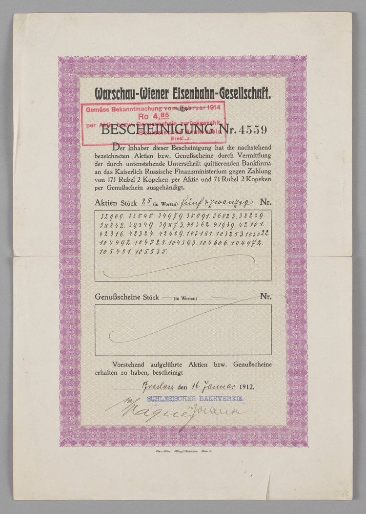 Bescheinigung/Zaświadczenie Towarzystwa Drogi Żelaznej Warszawsko-Wiedeńskiej