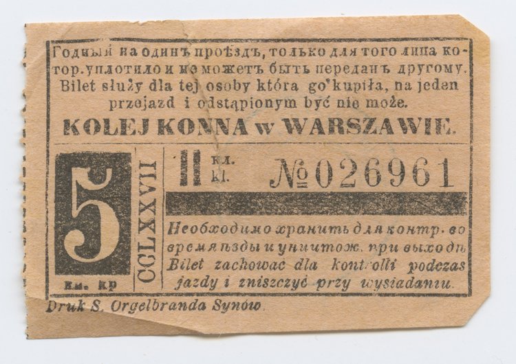 Bilet jednorazowy w klasie II Kolei Konnej w Warszawie