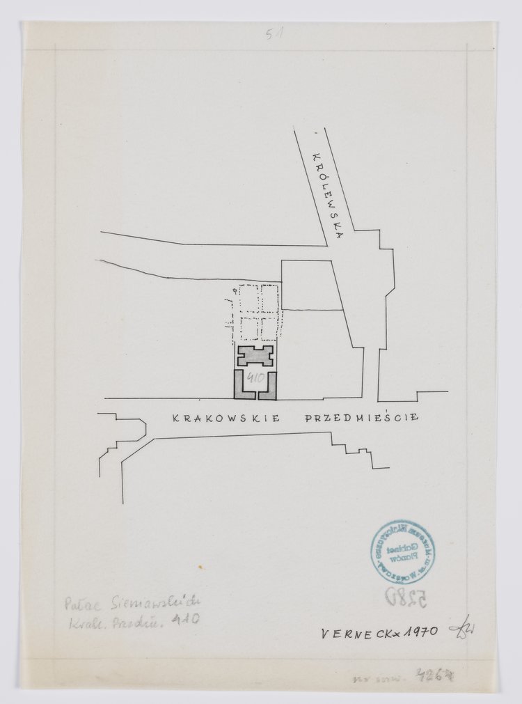 Pałac Czapskich, Krakowskie Przedmieście 5, plan sytuacyjny, przerys planu z 1732 r.