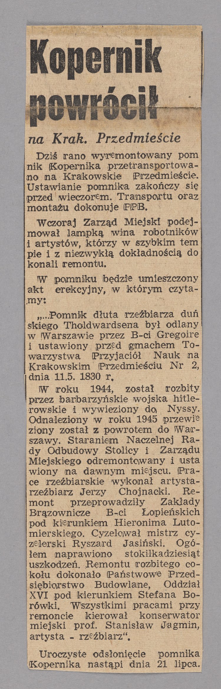 Wycinek z gazety p.t. "Express Wieczorny" z artykułem p.t. "Kopernik powrócił na Krak.[owskie] Przedmieście"