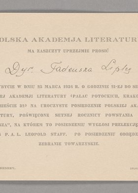 Zaproszenie na uroczyste posiedzenie Polskiej Akademii Literatury poświęcone setnej rocznicy powstania "Pana Tadeusza"