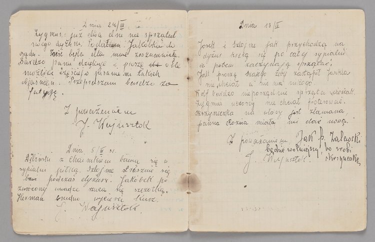 Zeszyt Jadzi Wajnsztok, dyżurnej Domu Sierot z wpisami Janusza Korczaka (Henryka Goldszmita)