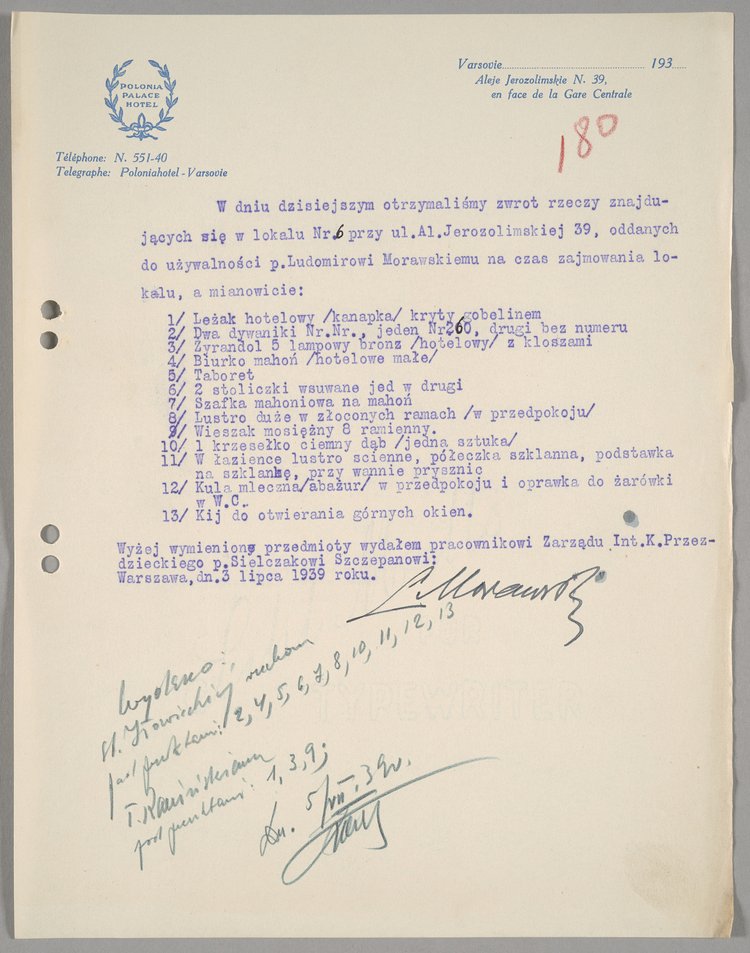 Pismo Hotelu Polonia Palace