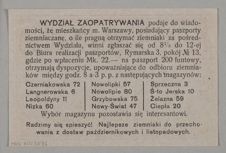 Bon zaopatrzeniowy z okresu I Wojny Światowej wydany przez Magistrat Miasta stołecznego Warszawy na chleb, cukier i ziemniaki
