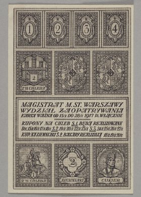 Bon zaopatrzeniowy z okresu I Wojny Światowej wydany przez Magistrat Miasta stołecznego Warszawy. Wydział Zaopatrywania na chleb, cukier i ziemniaki