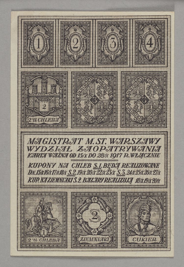 Bon zaopatrzeniowy z okresu I Wojny Światowej wydany przez Magistrat Miasta stołecznego Warszawy. Wydział Zaopatrywania na chleb, cukier i ziemniaki