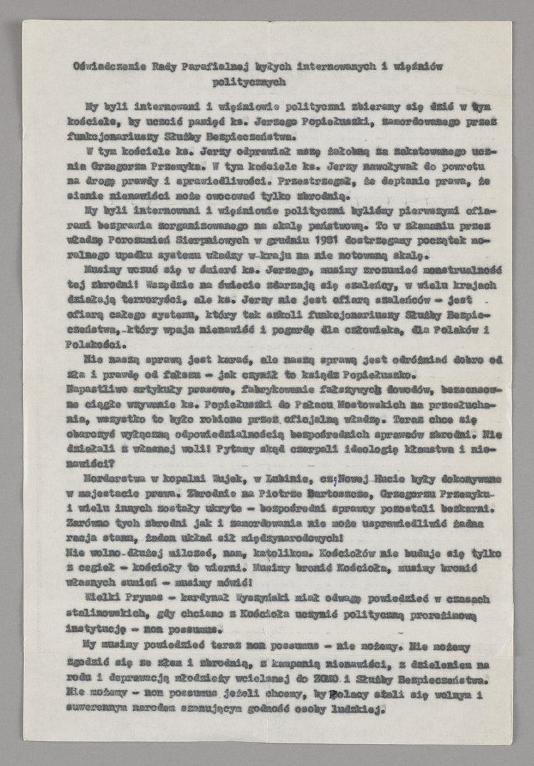 Oświadczenie Rady Parafialnej byłych internowanych i więźniów politycznych