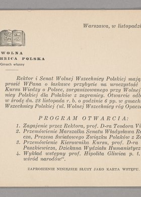 Zaproszenie wraz programem otwarcia Kursu Wiedzy o Polsce