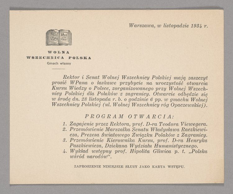 Zaproszenie wraz programem otwarcia Kursu Wiedzy o Polsce