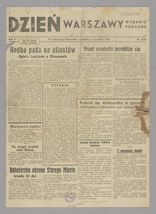 Dzień Warszawy. Wydanie poranne, Nr 1050 z 3 września 1944 r., R. IV
