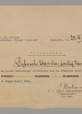 Przepustka wystawiona Stanisławowi Dębowskiemu