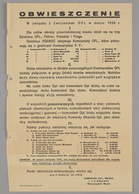 Obwieszczenie o zasadach organizacji obrony przeciwlotniczej stolicy w czasie ćwiczeń w marcu 1939 r.